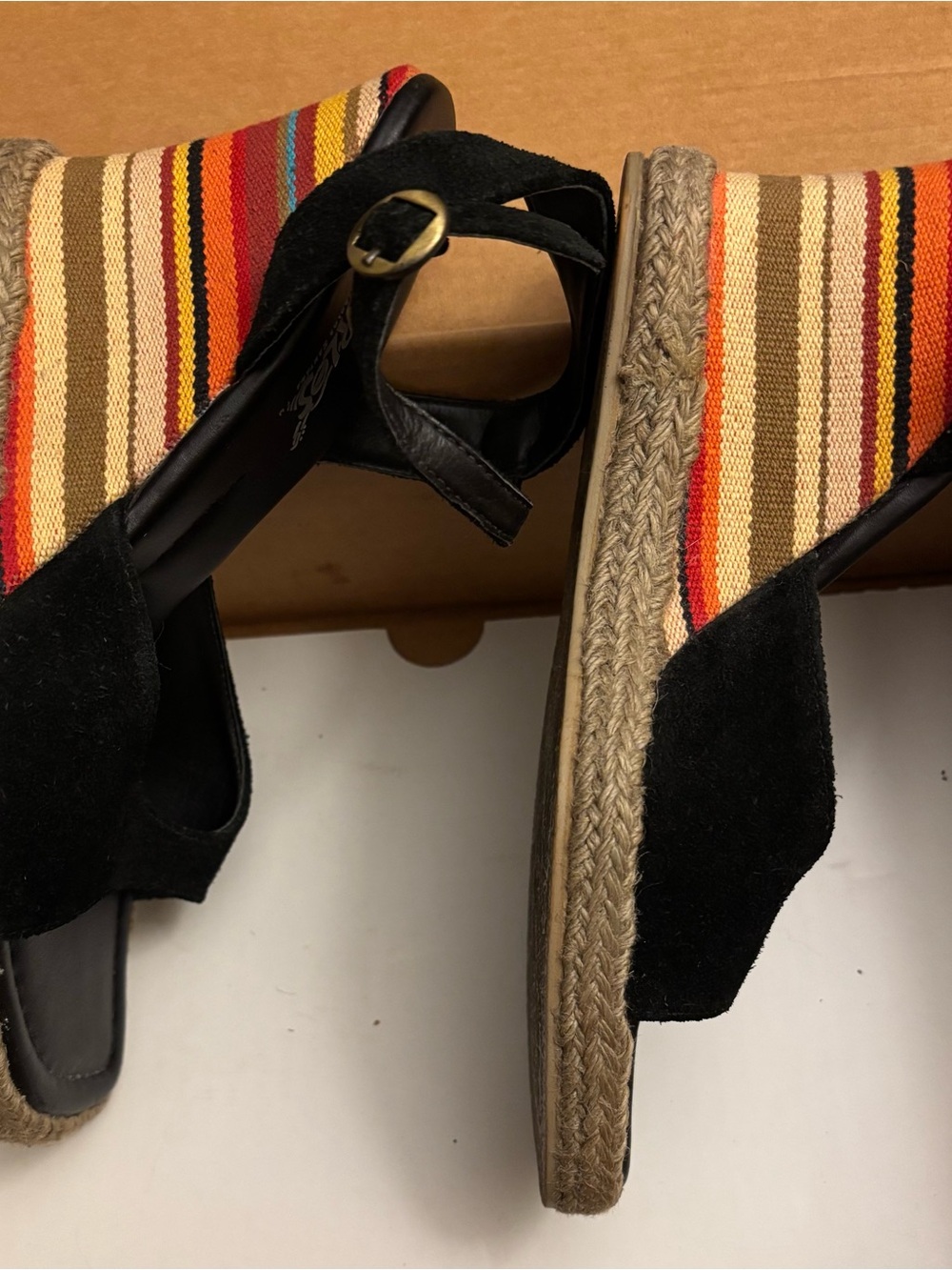 Carlos Santana Black Suede Wedge Sandals with Multicolor Stripe Upper